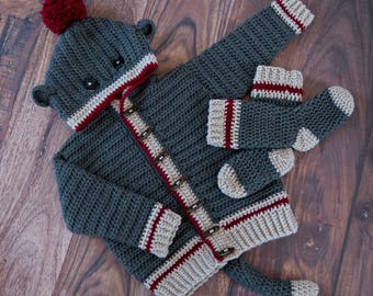 CROCHET PATTERN Sock Monkey Hoodie & Socks