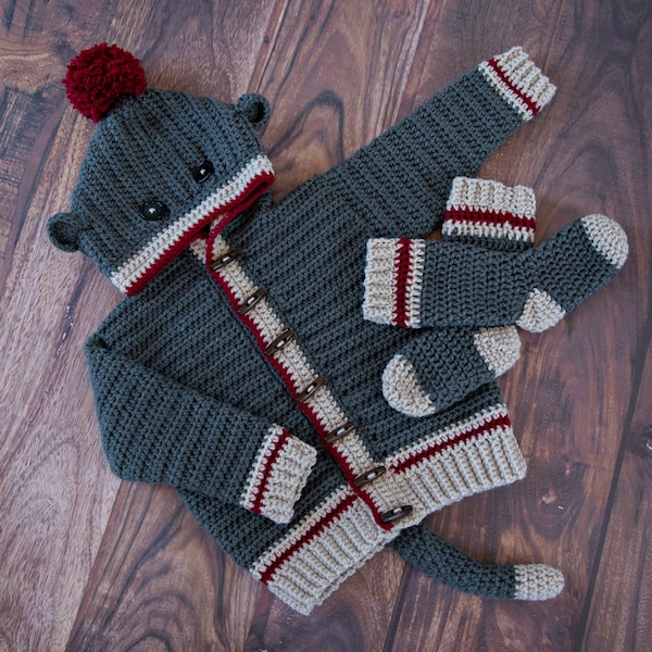 CROCHET PATTERN Sock Monkey Hoodie & Socks