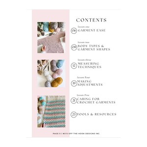 K&ouml;nnte beinhalten: Eine Seite aus einem H&auml;kel-Ratgeber mit dem Titel "CONTENTS". Die Seite enth&auml;lt Bilder von Garn, H&auml;kelprojekten und Textabschnitte mit den Titeln "GARMENT EASE", "BODY TYPES & GARMENT SHAPES", "MEASURING TECHNIQUES", "MAKING ADJUSTMENTS" und "CARING FOR CROCHET GARMENTS".