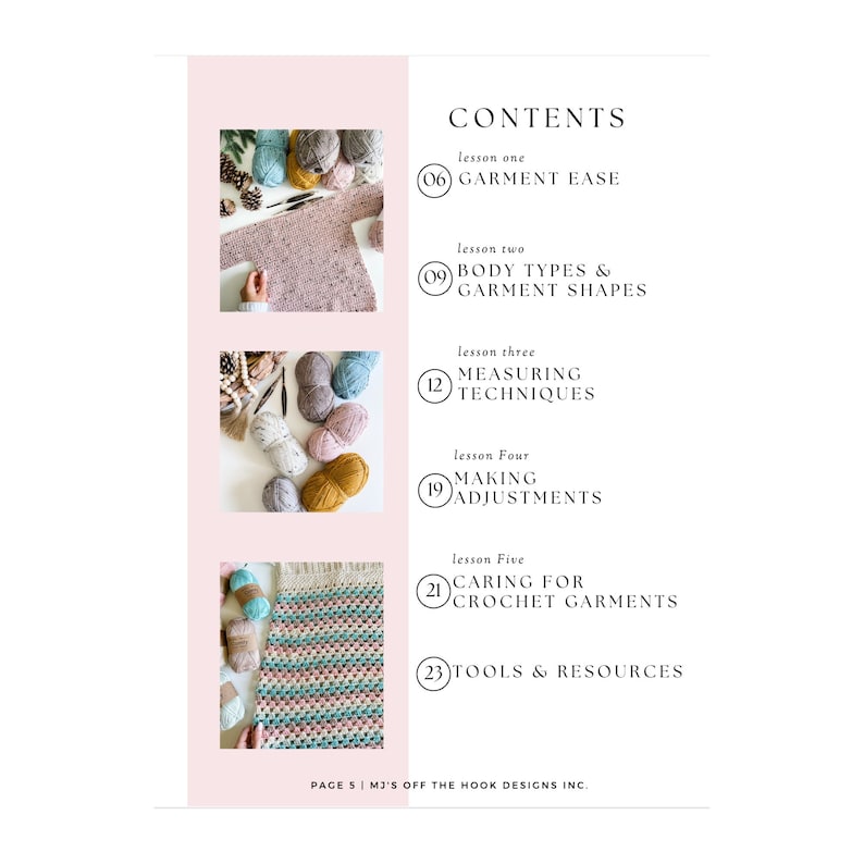 K&ouml;nnte beinhalten: Eine Seite aus einem H&auml;kel-Ratgeber mit dem Titel "CONTENTS". Die Seite enth&auml;lt Bilder von Garn, H&auml;kelprojekten und Textabschnitte mit den Titeln "GARMENT EASE", "BODY TYPES & GARMENT SHAPES", "MEASURING TECHNIQUES", "MAKING ADJUSTMENTS" und "CARING FOR CROCHET GARMENTS".