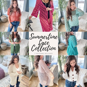 Può includere: Una collezione di sette top e cardigan in pizzo all'uncinetto in vari colori, tra cui turchese, rosa, bianco, beige e verde. Il testo dell'immagine recita "Summertime Lace Collection 7 Patterns Included".