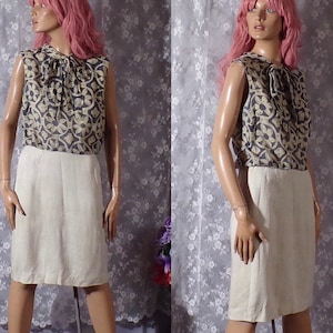 Vintage 1960s Floral and Linen Dress | 60s Blue and Beige Frock | Size Medium |