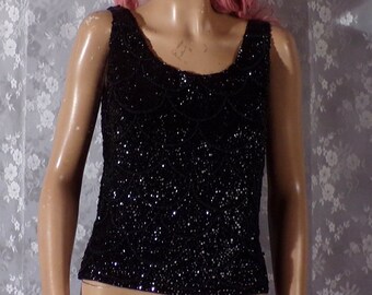 Vintage 1960s Black Sequin Top | 60s Wool Beaded Blouse | Jo-Ro of Miami | Size Medium |