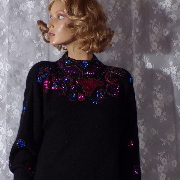 80s Sequin Sweater Vintage 1980s Black & Multicolor Fancy Retro New Wave Pullover Size Large