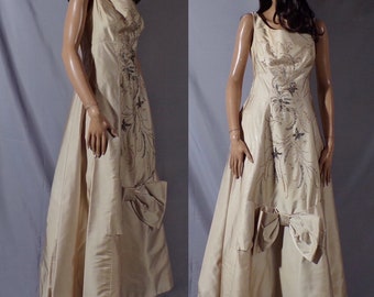 Vintage 1960s Satin Beaded Evening Gown | 60s Mocha Evening Dress | Size Small |