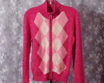 Vintage 2000s Pringle Pink Glitter Argyle Zip Cardigan Y2K Wool Jumper Size Medium