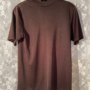 Vintage 60s 70s Brown Mock Neck Top Short Sleeve Polyester Mod Blouse Size M