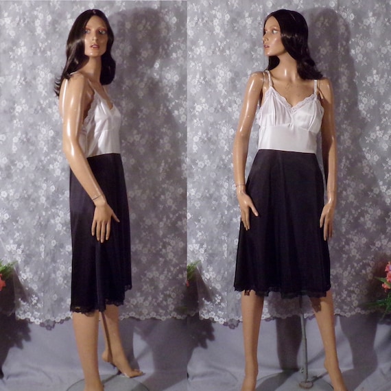 Vintage 80s Slip 1980s White & Black Nylon Dress … - image 1