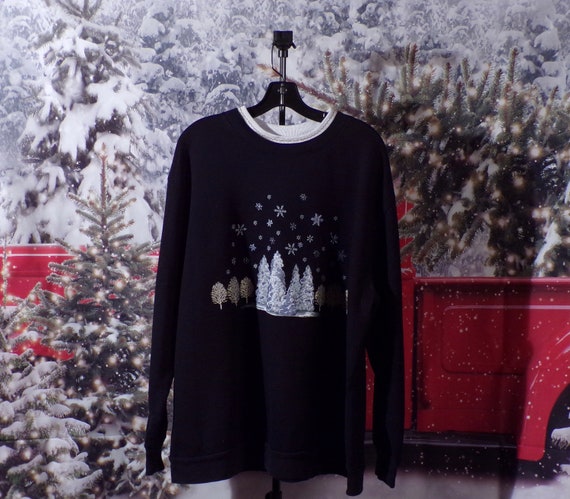 Vintage 1990s Black Christmas Sweatshirt with Sil… - image 1