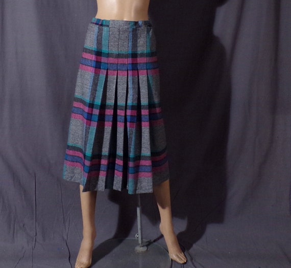 Vintage 1980s Plaid Wool Skirt | 80s Pink Blue Gr… - image 2