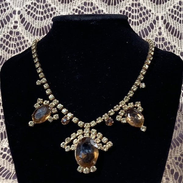 Vintage 1960s Large Rhinestone Necklace and Earring Set | 60s Green and Brown Jewelry Set |