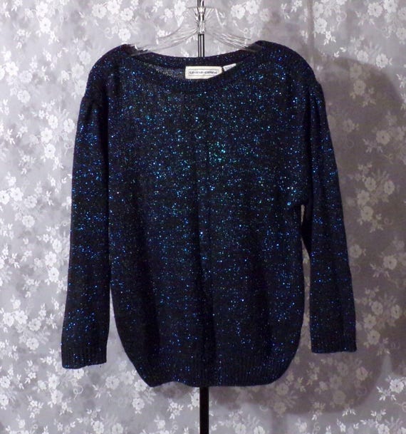 Vintage 80er Jahre Metallic Pullover 1980s Blau/Schwarz Glitzer