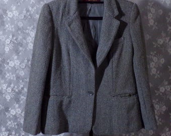 Vintage 70s Wool Blazer 1970s Blue Gray Herringbone Retro Heritage Size Medium S/M