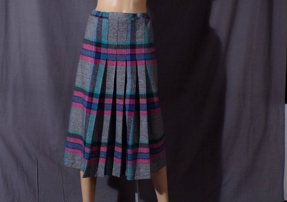Vintage 1980s Plaid Wool Skirt | 80s Pink Blue Gr… - image 4