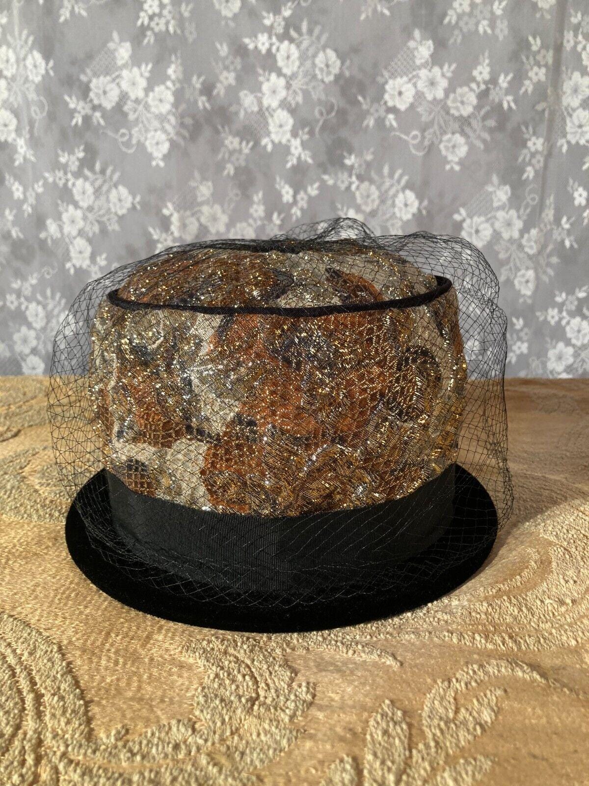 Vintage 60s Cloche Hat 1960s Gold & Black Oversize Pillbox  display picture 3