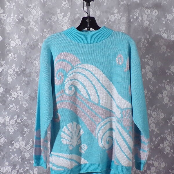 Vintage 80s Seashell Sweater Aqua Silver White Lurex Metallic Detail Spring Coastal Grandma Acrylic Pullover Ocean Size Large