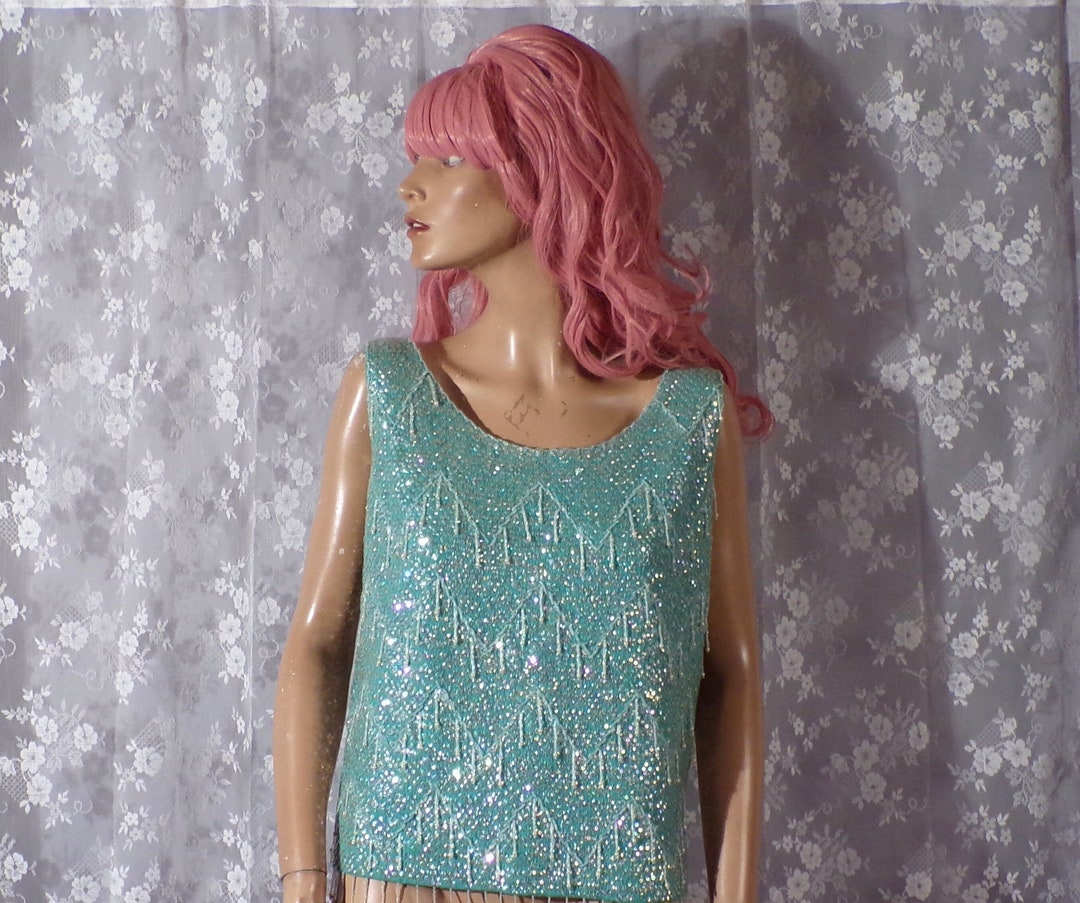 Vintage 1960s Blue Floral Sequin Top