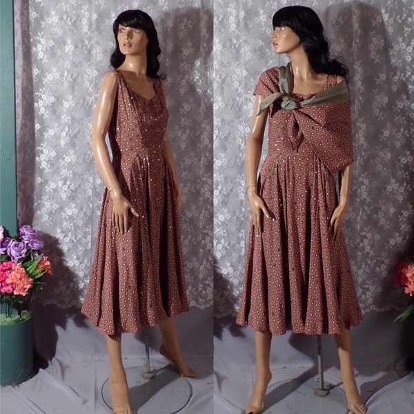Vintage 50s Sequin Party Dress & Shawl 1950s Brown Summer Sundress Size Small As Is