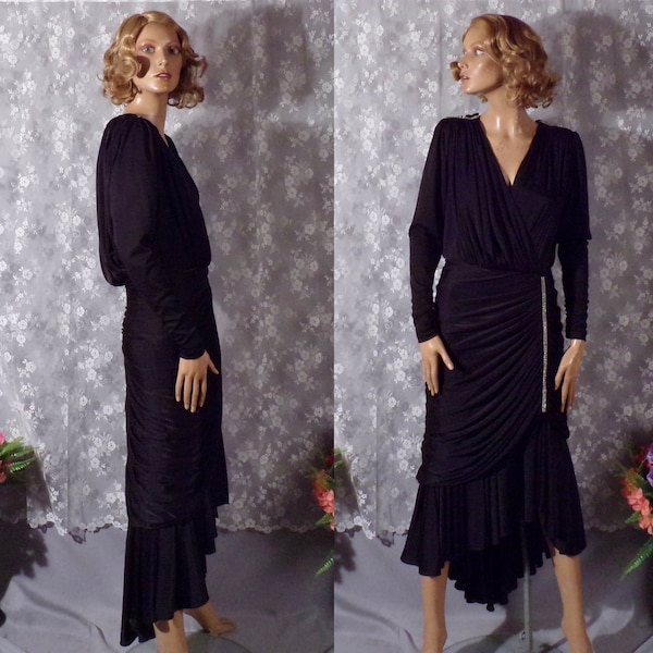 Vintage 80s Black Cocktail Dress 1980s Art Deco Revival Retro Slinky Size Medium