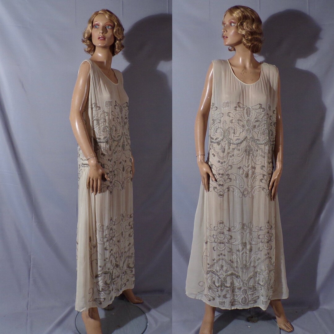 vintage 1950s silk chiffon beaded dress Jobere New York floral print wedding gown M