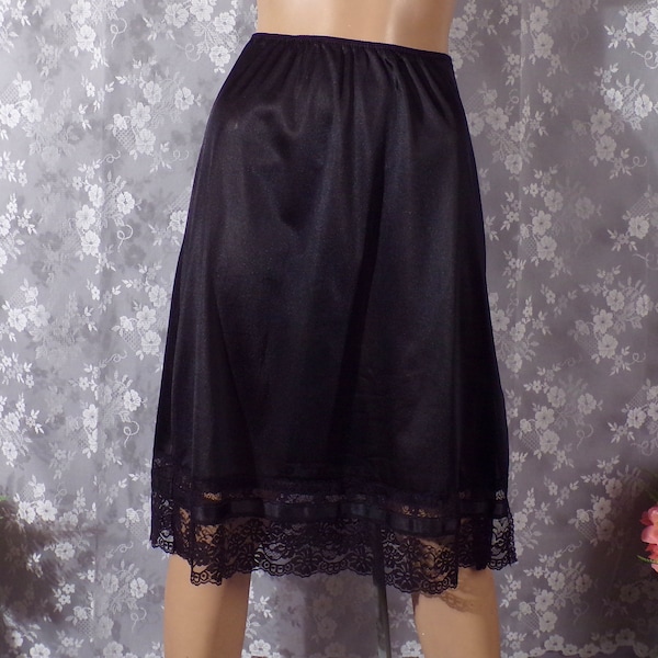 60s Skirt Slip Vintage 1960s Black Half Slip Nylon Lace Midi Size Small Medium