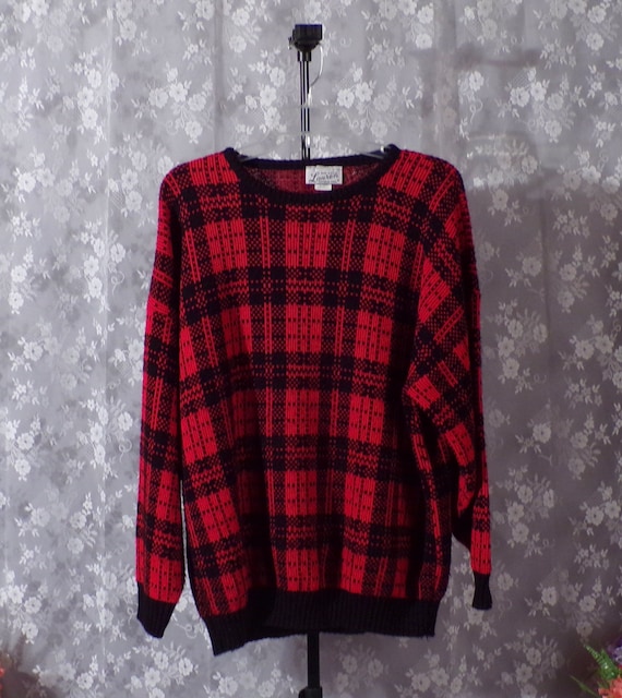 Vintage 1980s Black Red Plaid Sweater | 80s Pullo… - image 1