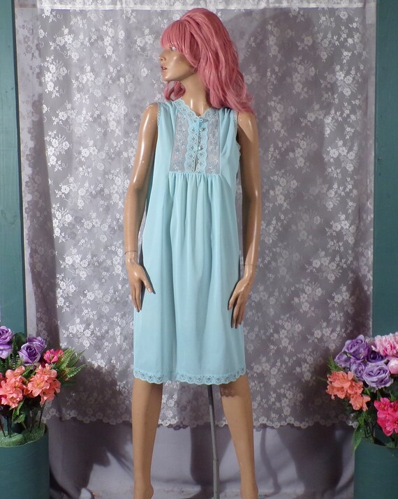 Vintage 1960s Blue Nightie | 60s Nylon Lace Sleev… - image 2