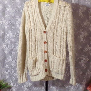 Vintage 70s Cardigan 1970s Ivory Chunk Cable Knit Retro Cozy Sears Size Small