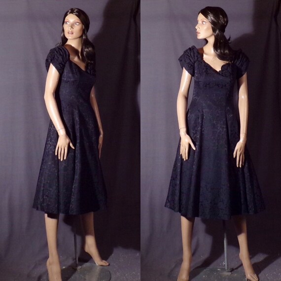 Vintage 1980s Dress - Party Dress - Black Floral -