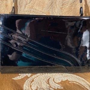 Vintage 80s Purse 1980s Black Patent Retro New Wave Hipster Shoulder Bag