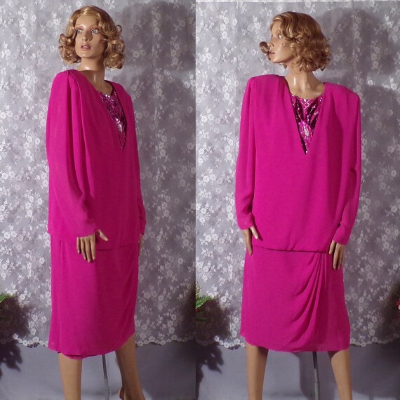 Vintage 1980s Hot Pink Sequin Cocktail Dress | 80… - image 1