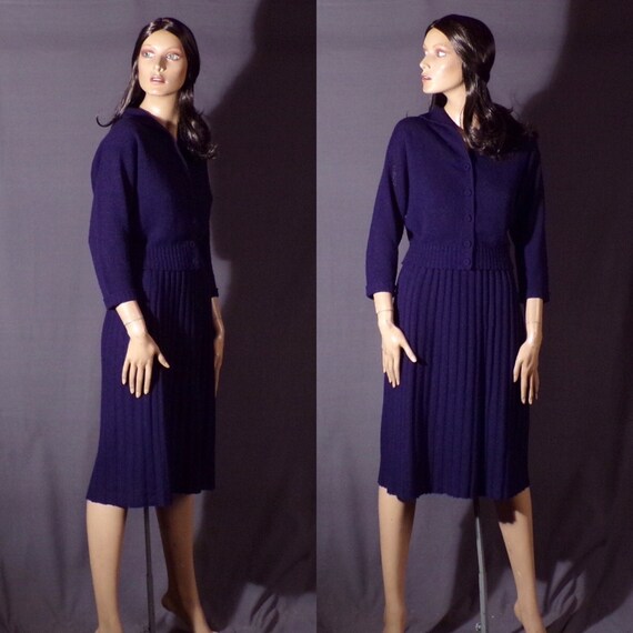 Vintage 1950s Dress - Blue Knit - Orlon - Sweater