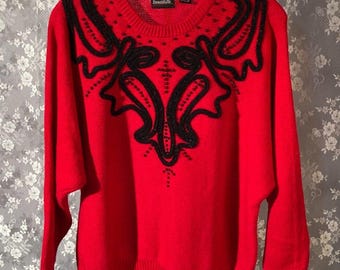 Vintage 80er Jahre Pullover 1980er Jahre Rot & Schwarz Whimysgoth Goth Retro Glam Gr. L