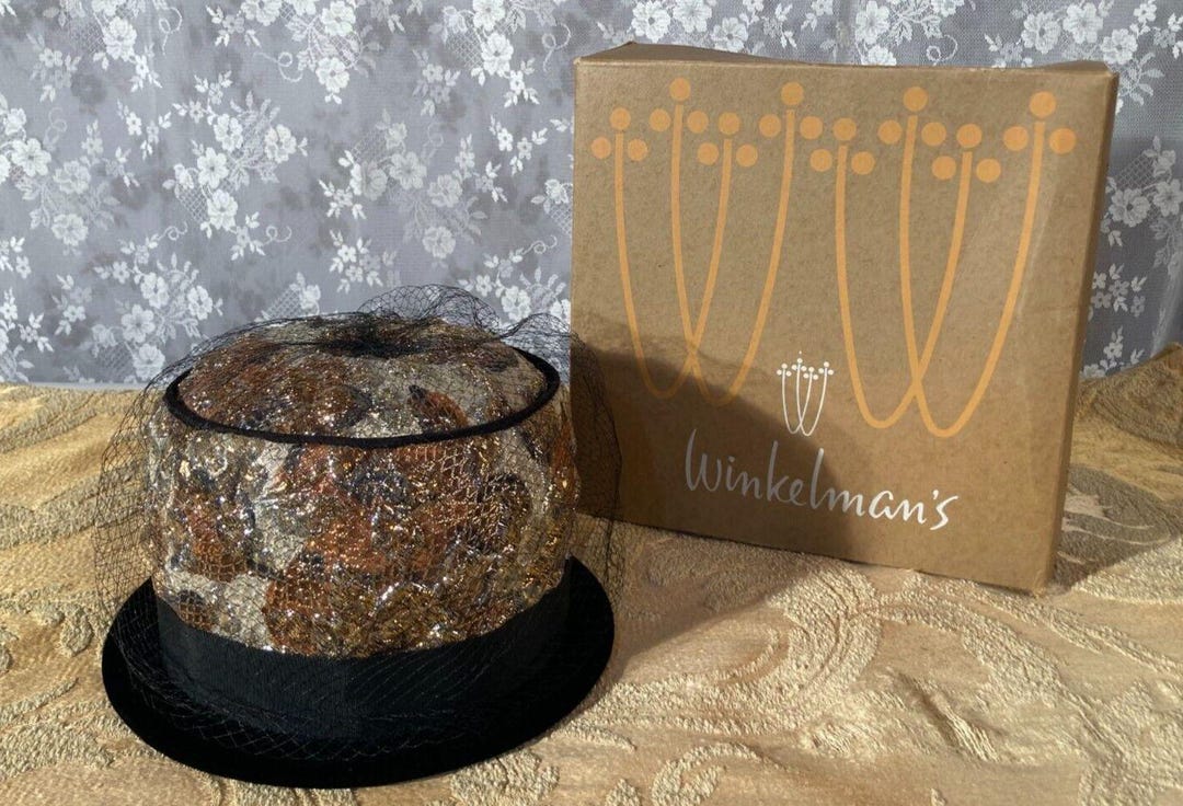 Vintage 60s Cloche Hat 1960s Gold & Black Oversize Pillbox  display picture 3