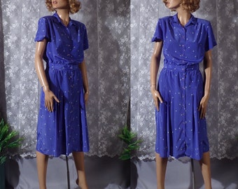 Vintage 80s Floral Dress 1980s Blue Belted Secretary Casual Spring Dress Size Medium