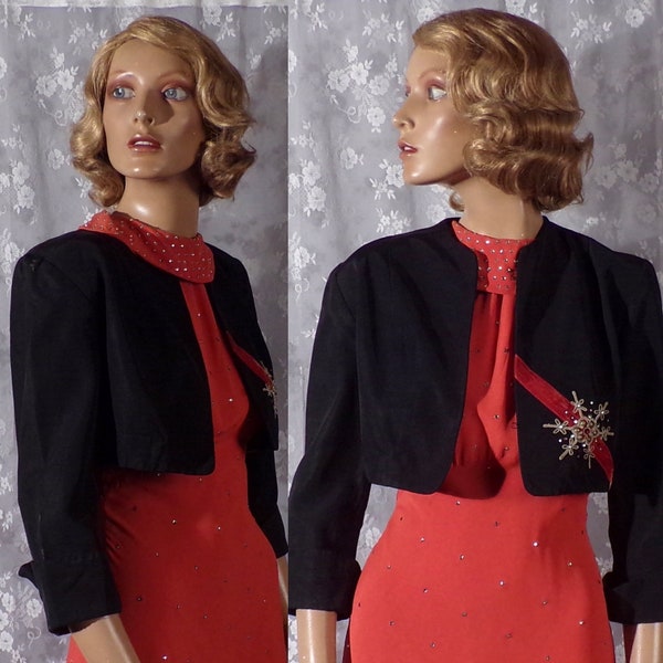 Vintage 1940s Black Bolero Jacket | Early 40s Cropped Jacked | Connie Carter | Size S/M | As Is |