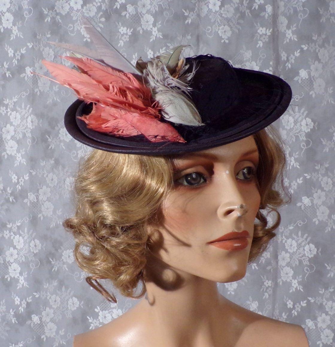 Vintage 40s Tilt Hat 1940s Retro Dramatic Film Noir Femme Fatale Rockabilly 1940s tilt hat, black straw hat, vintage hat, | Black Label  main image 3