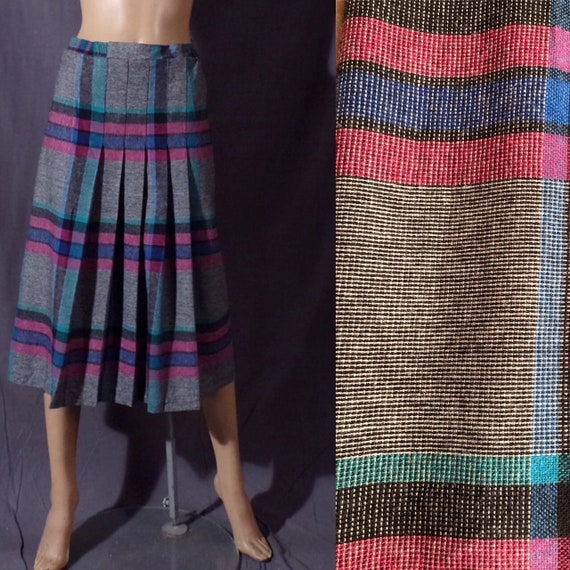 Vintage 1980s Plaid Wool Skirt | 80s Pink Blue Gr… - image 1