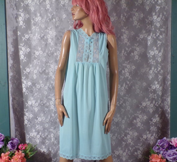 Vintage 1960s Blue Nightie | 60s Nylon Lace Sleev… - image 1