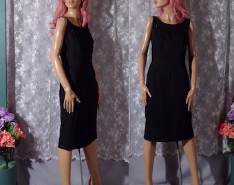 Vintage 1960s Black Linen Pencil Dress with Cut Outs | 60s Fashion | Size Medium |