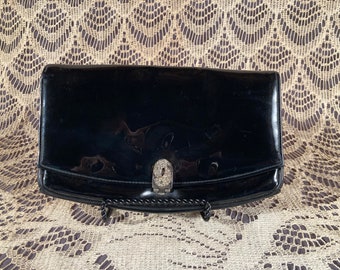 Vintage 50s Black Patent Leather Clutch 1950s Shiny Evening Formal Purse Classic