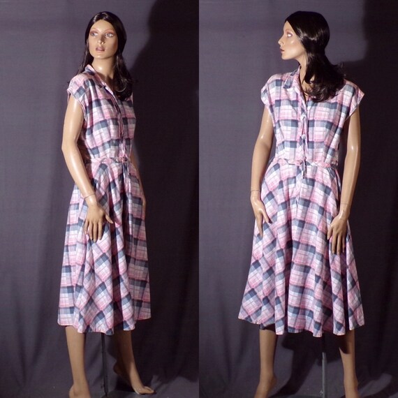 Vintage 1950s Dress - Pink Plaid - Sundress - Cott