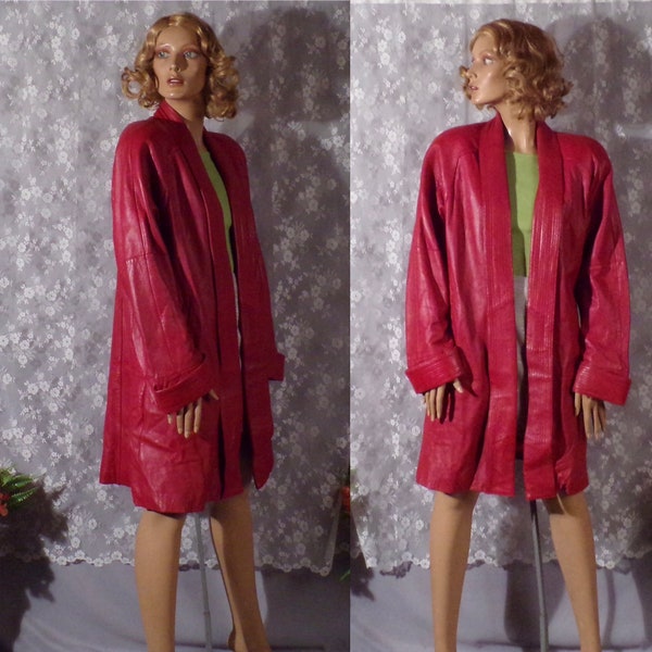 Vintage 80s Red Leather Coat 1980s Bold Shoulder Statement Coat New Wave Size Medium As Is