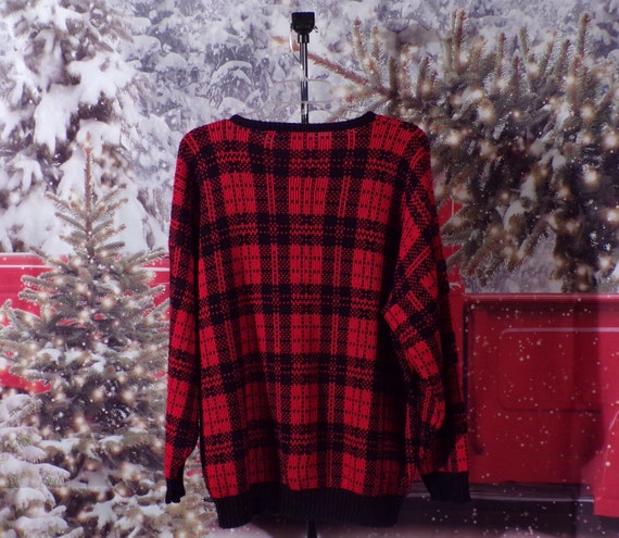 Vintage 1980s Black Red Plaid Sweater | 80s Pullo… - image 4