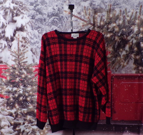 Vintage 1980s Black Red Plaid Sweater | 80s Pullo… - image 3
