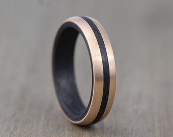 5.5mm Carbon Fibre & Rose Gold Wedding/Engagement ring band with Free Engraving! black and gold mans ring