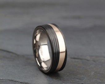 Titanium, Black Carbon Fibre and Bronze Wedding/Anniversary ring band 8mm Brushed/Polished Comfort fit, Free Engraving/Personalisation,