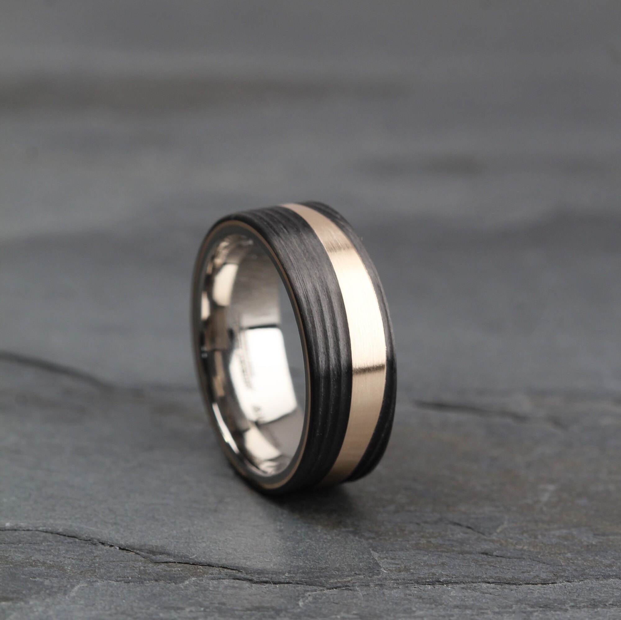 Titanium, Black Carbon Fibre and Bronze Wedding/Anniversary ring band 8mm Brushed/Polished Comfort fit, Free Engraving/Personalisation,