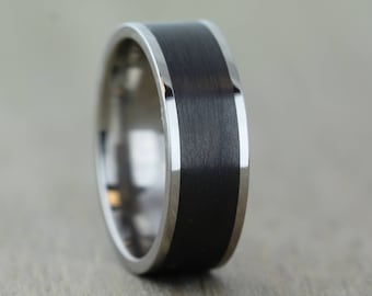 Titanium & Carbon Fibre Wedding/Engagement Ring with FREE Engraving! Jet Black carbon fiber wedding band for men or woman