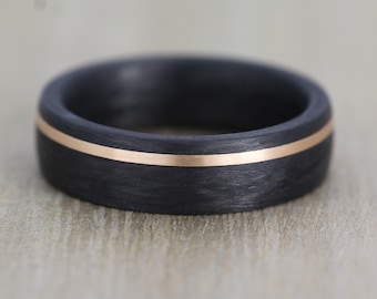 Carbon Fibre & Rose Gold 6mm wide, Wedding/Engagement ring with Free Engraving! Black Carbon Fiber Wedding Band for men or woman